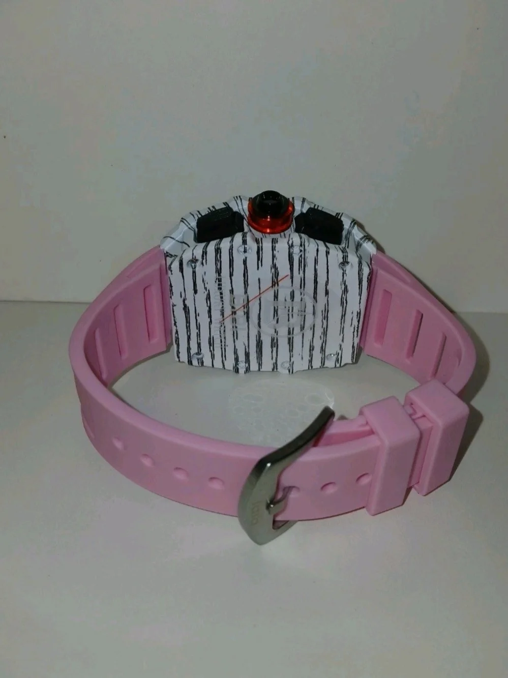 ​BiBi Sports Quartz Watch Chronograph Skeleton Face White Tonneau Pink Rubber